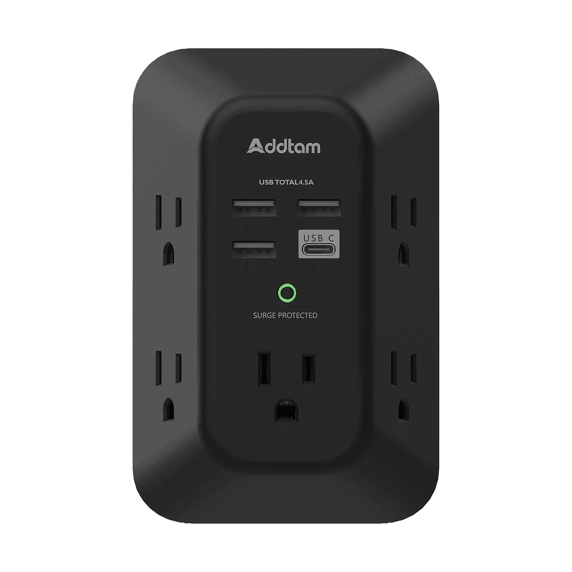 Addtam 5-Outlet Surge Protector with 4 USB Ports (1 USB-C) - Black, 1800J